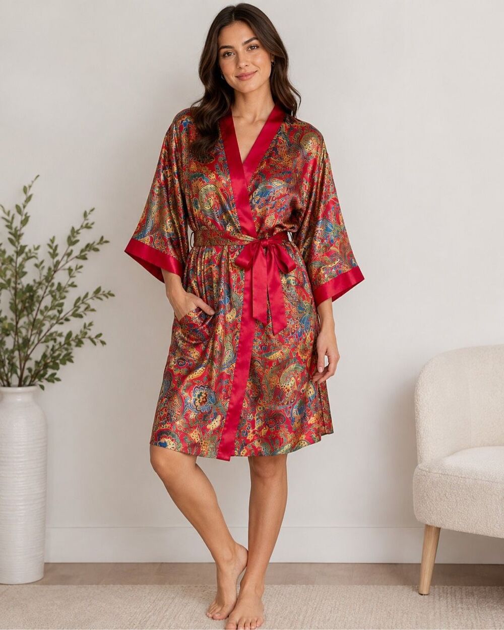 Vintage 1990’s Inner Most Paisley Satin Kimono Robe Women’s M Hong Kong Red #150